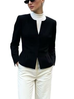 Tahari Cotton Summer Collarless Tailored Blazer in Black Size Medium